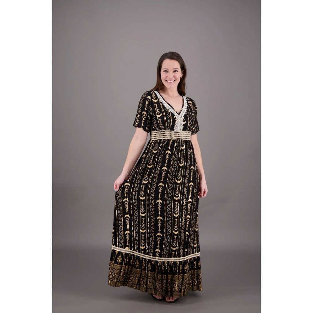 Ananta Women's Dress 55" Long, Black/Gold Made in India Size S/M Worn- few time